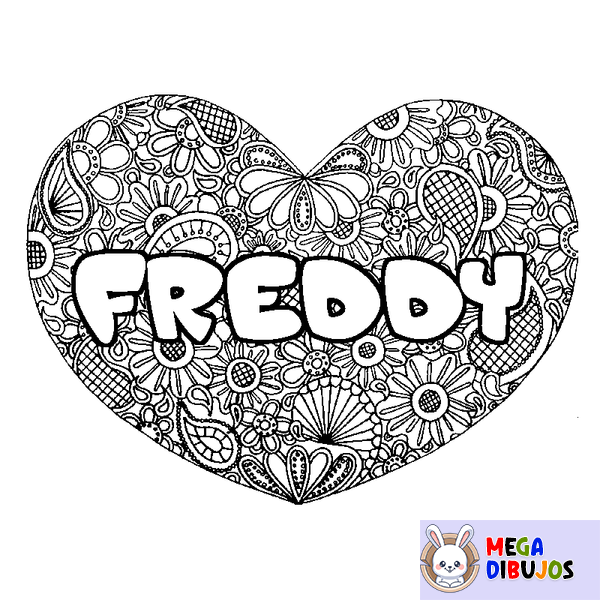 Coloraci&oacute;n del nombre FREDDY - decorado mandala de coraz&oacute;n