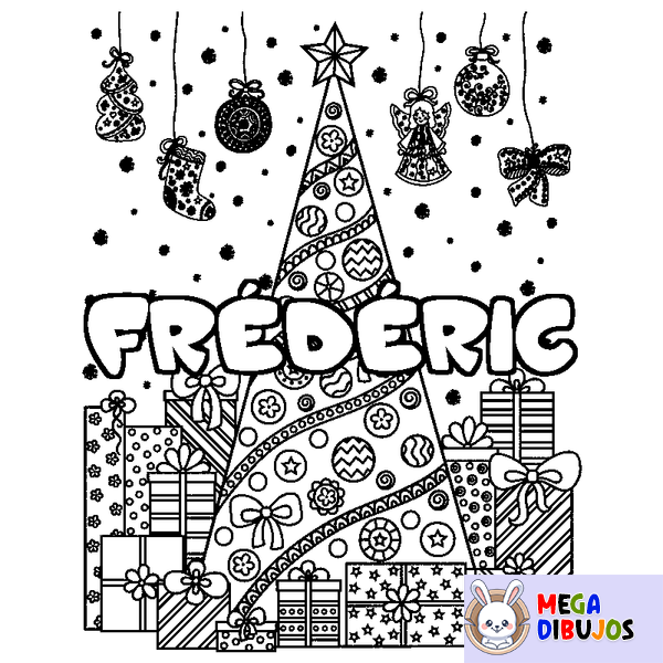 Coloraci&oacute;n del nombre FR&Eacute;D&Eacute;RIC - decorado &aacute;rbol de Navidad y regalos