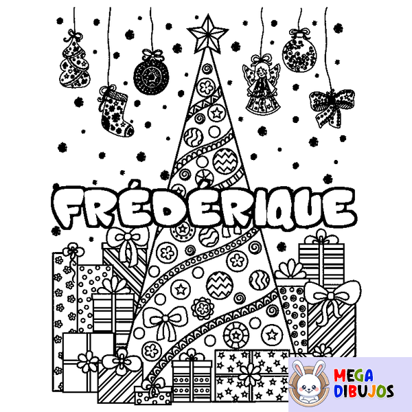 Coloraci&oacute;n del nombre FR&Eacute;D&Eacute;RIQUE - decorado &aacute;rbol de Navidad y regalos