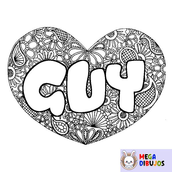 Coloraci&oacute;n del nombre GUY - decorado mandala de coraz&oacute;n