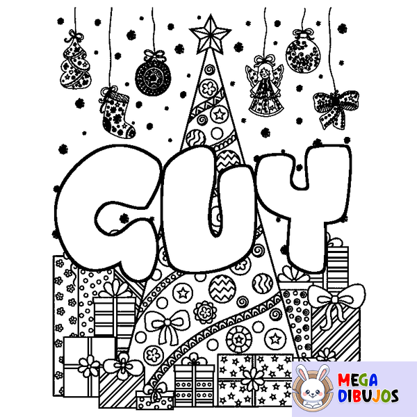 Coloraci&oacute;n del nombre GUY - decorado &aacute;rbol de Navidad y regalos