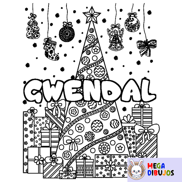 Coloraci&oacute;n del nombre GWENDAL - decorado &aacute;rbol de Navidad y regalos