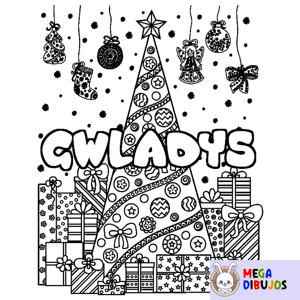 Coloraci&oacute;n del nombre GWLADYS - decorado &aacute;rbol de Navidad y regalos