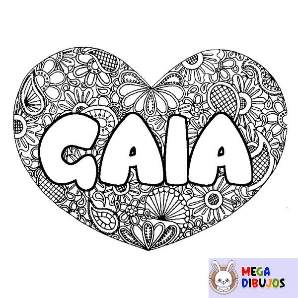 Coloraci&oacute;n del nombre GAIA - decorado mandala de coraz&oacute;n
