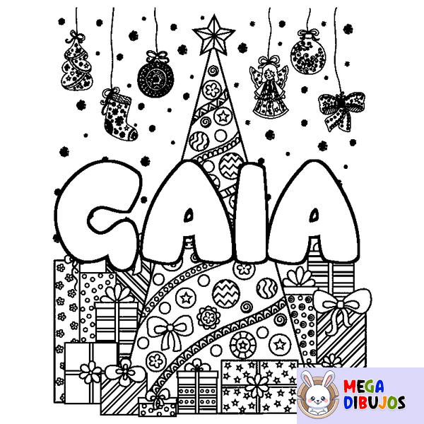 Coloraci&oacute;n del nombre GAIA - decorado &aacute;rbol de Navidad y regalos