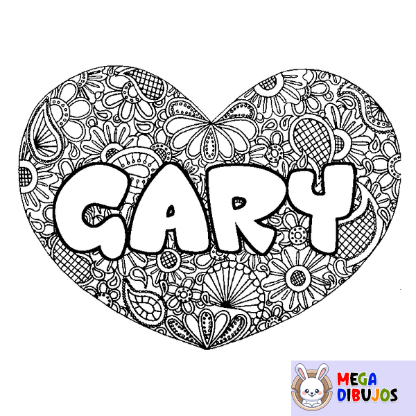 Coloraci&oacute;n del nombre GARY - decorado mandala de coraz&oacute;n