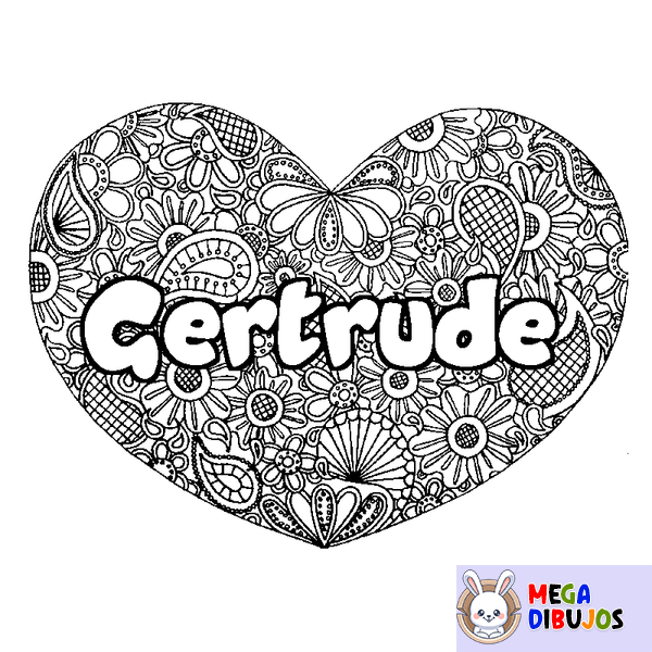 Coloraci&oacute;n del nombre Gertrude - decorado mandala de coraz&oacute;n