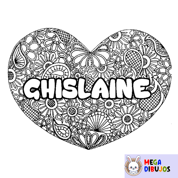Coloraci&oacute;n del nombre GHISLAINE - decorado mandala de coraz&oacute;n