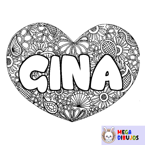 Coloraci&oacute;n del nombre GINA - decorado mandala de coraz&oacute;n