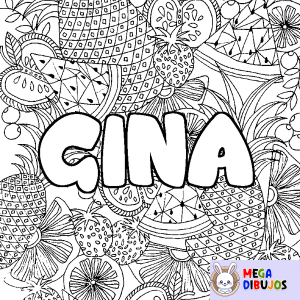 Coloraci&oacute;n del nombre GINA - decorado mandala de frutas
