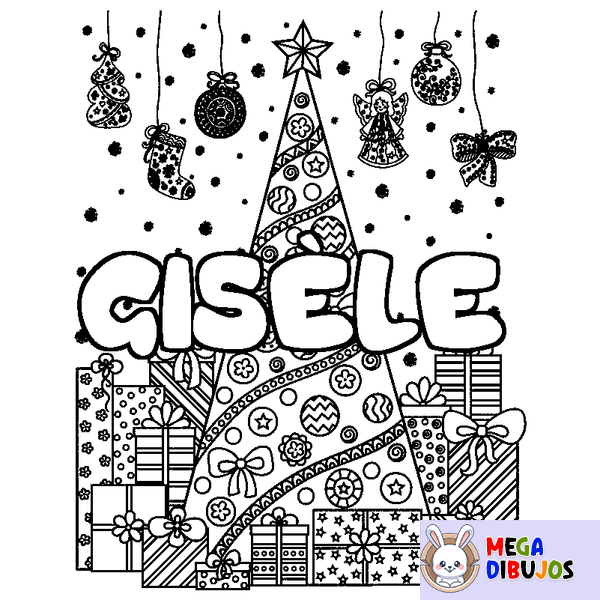 Coloraci&oacute;n del nombre GIS&Egrave;LE - decorado &aacute;rbol de Navidad y regalos