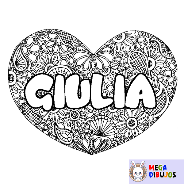 Coloraci&oacute;n del nombre GIULIA - decorado mandala de coraz&oacute;n