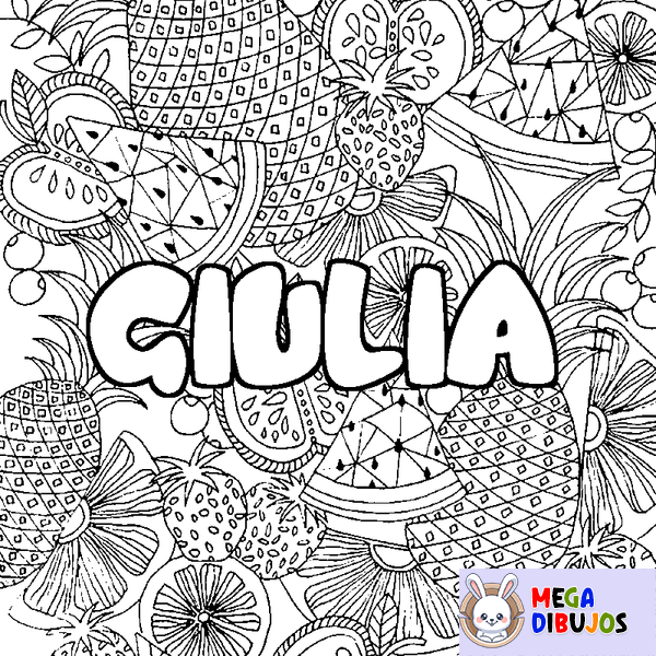 Coloraci&oacute;n del nombre GIULIA - decorado mandala de frutas