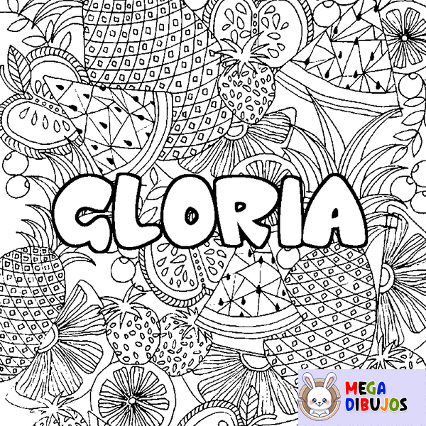 Coloraci&oacute;n del nombre GLORIA - decorado mandala de frutas