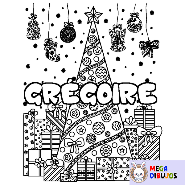 Coloraci&oacute;n del nombre GR&Eacute;GOIRE - decorado &aacute;rbol de Navidad y regalos