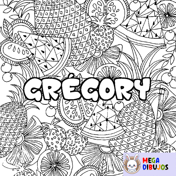 Coloraci&oacute;n del nombre GR&Eacute;GORY - decorado mandala de frutas
