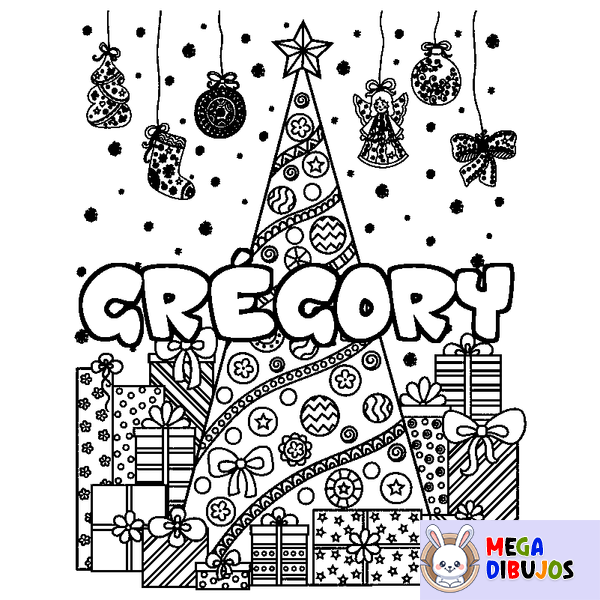 Coloraci&oacute;n del nombre GR&Eacute;GORY - decorado &aacute;rbol de Navidad y regalos