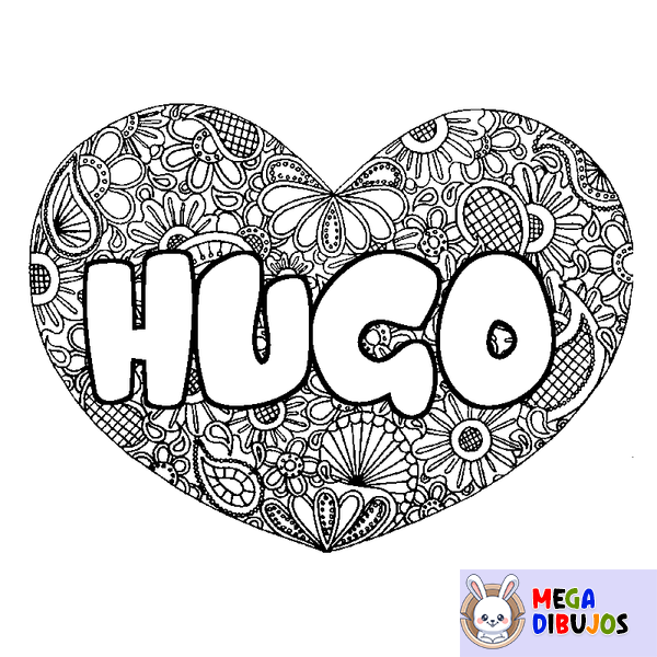 Coloraci&oacute;n del nombre HUGO - decorado mandala de coraz&oacute;n