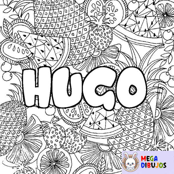 Coloraci&oacute;n del nombre HUGO - decorado mandala de frutas