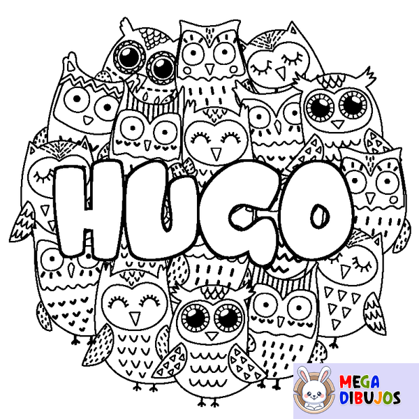 Coloraci&oacute;n del nombre HUGO - decorado b&uacute;hos