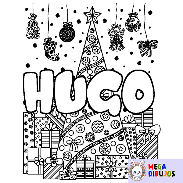 Coloraci&oacute;n del nombre HUGO - decorado &aacute;rbol de Navidad y regalos