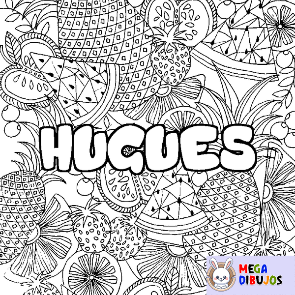 Coloraci&oacute;n del nombre HUGUES - decorado mandala de frutas