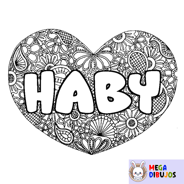 Coloraci&oacute;n del nombre HABY - decorado mandala de coraz&oacute;n