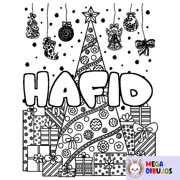 Coloraci&oacute;n del nombre HAFID - decorado &aacute;rbol de Navidad y regalos