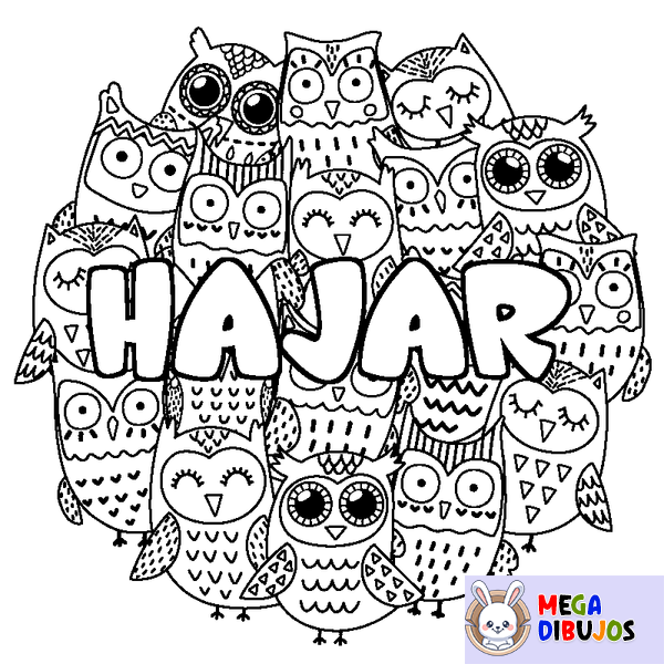 Coloraci&oacute;n del nombre HAJAR - decorado b&uacute;hos