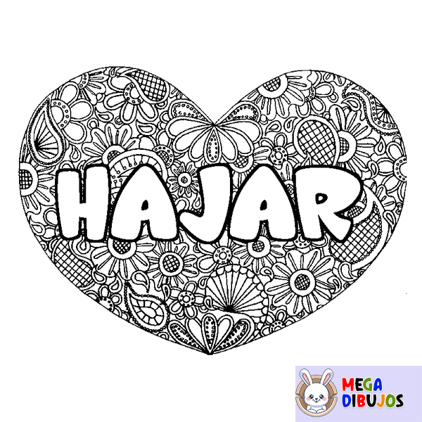 Coloraci&oacute;n del nombre HAJAR - decorado mandala de coraz&oacute;n