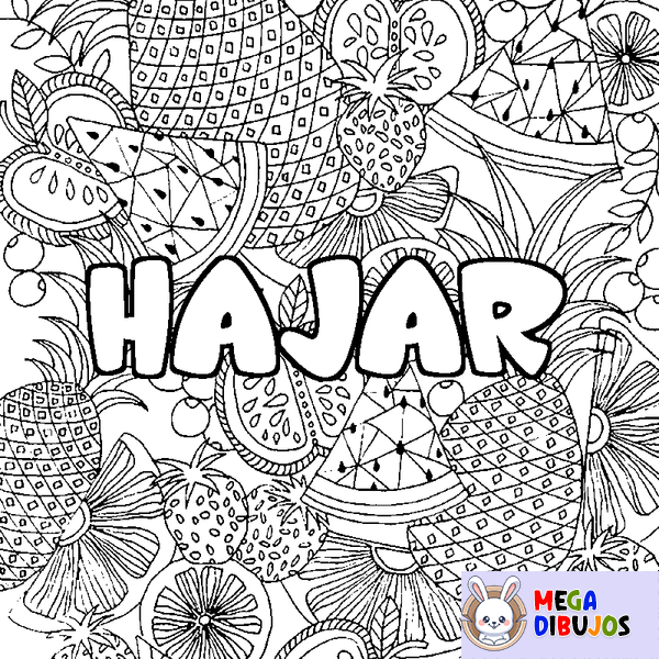 Coloraci&oacute;n del nombre HAJAR - decorado mandala de frutas