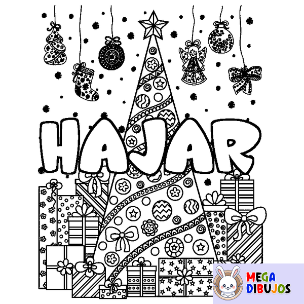 Coloraci&oacute;n del nombre HAJAR - decorado &aacute;rbol de Navidad y regalos