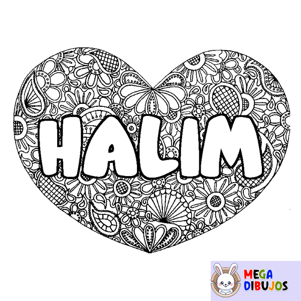 Coloraci&oacute;n del nombre HALIM - decorado mandala de coraz&oacute;n