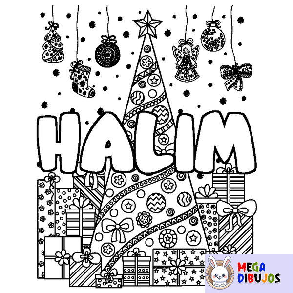 Coloraci&oacute;n del nombre HALIM - decorado &aacute;rbol de Navidad y regalos