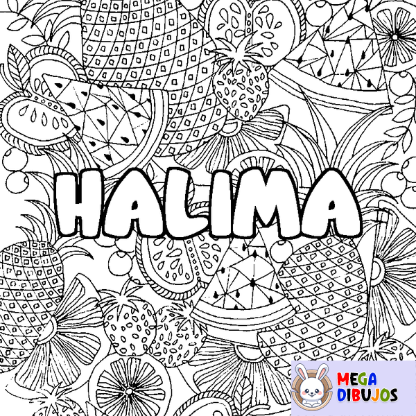 Coloraci&oacute;n del nombre HALIMA - decorado mandala de frutas