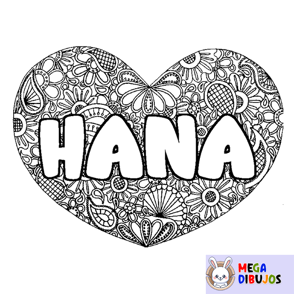 Coloraci&oacute;n del nombre HANA - decorado mandala de coraz&oacute;n