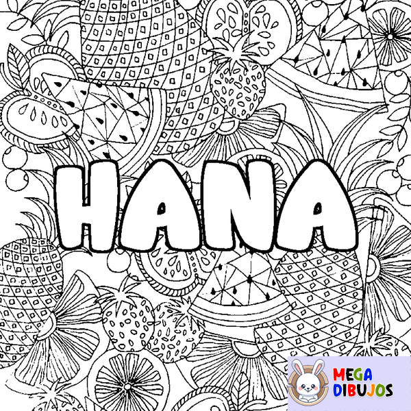 Coloraci&oacute;n del nombre HANA - decorado mandala de frutas