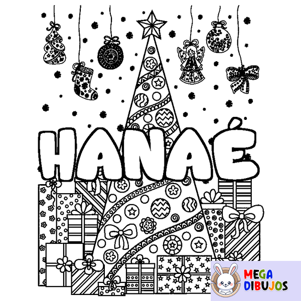 Coloraci&oacute;n del nombre HANA&Eacute; - decorado &aacute;rbol de Navidad y regalos