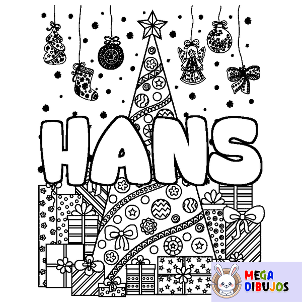 Coloraci&oacute;n del nombre HANS - decorado &aacute;rbol de Navidad y regalos