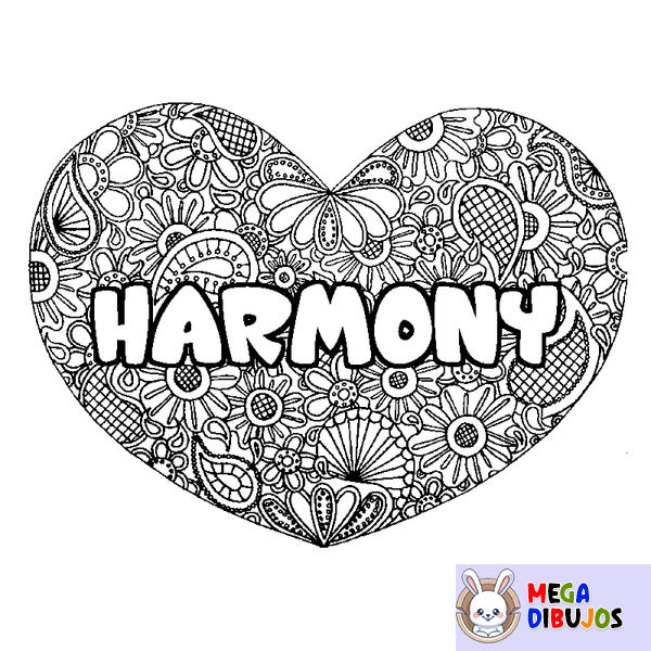 Coloraci&oacute;n del nombre HARMONY - decorado mandala de coraz&oacute;n