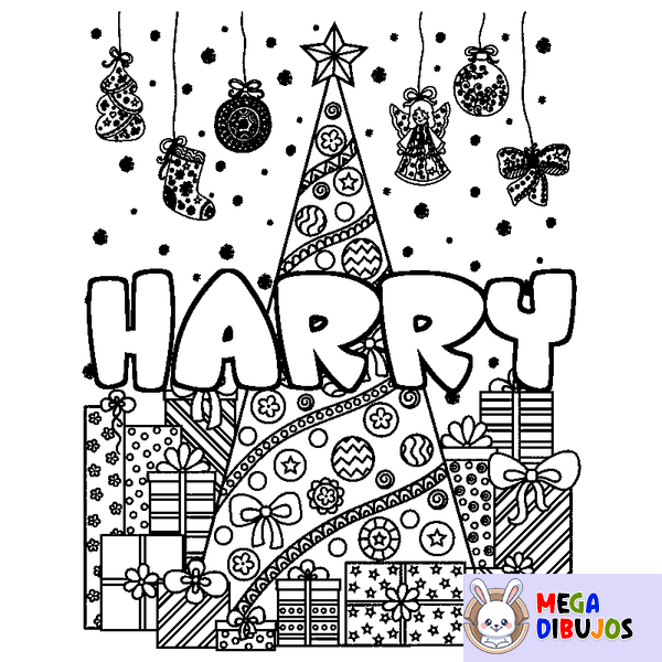 Coloraci&oacute;n del nombre HARRY - decorado &aacute;rbol de Navidad y regalos