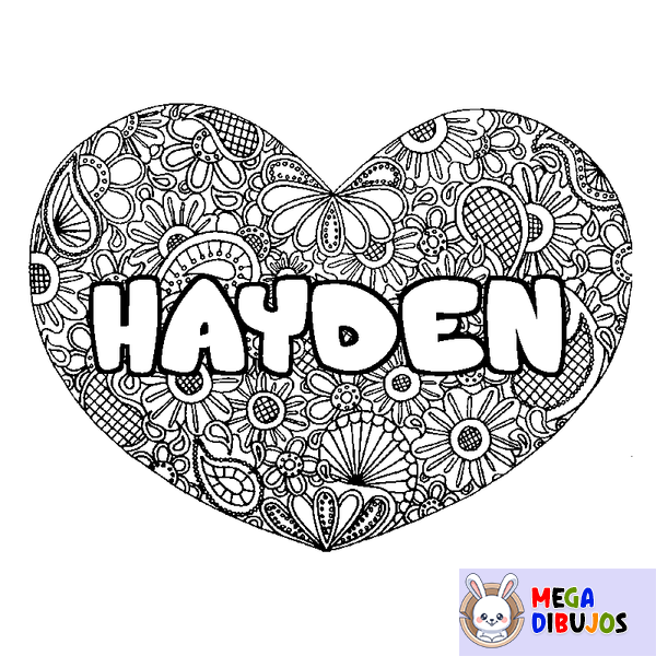 Coloraci&oacute;n del nombre HAYDEN - decorado mandala de coraz&oacute;n