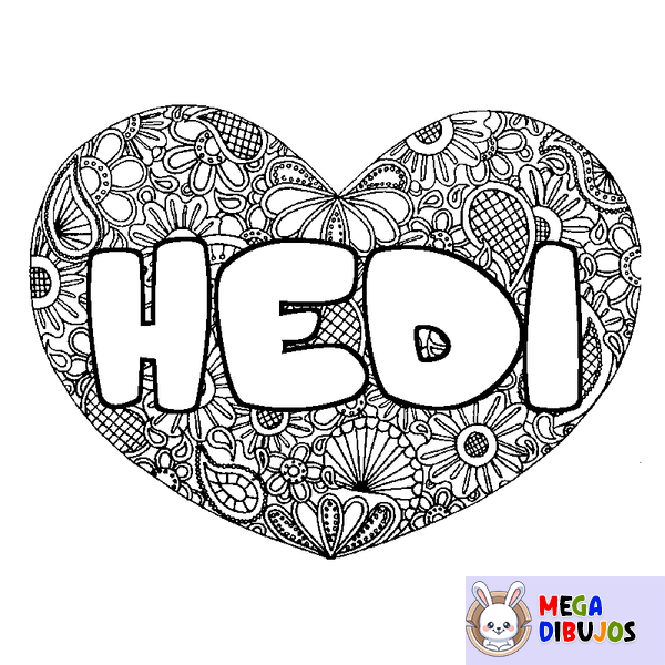 Coloraci&oacute;n del nombre HEDI - decorado mandala de coraz&oacute;n