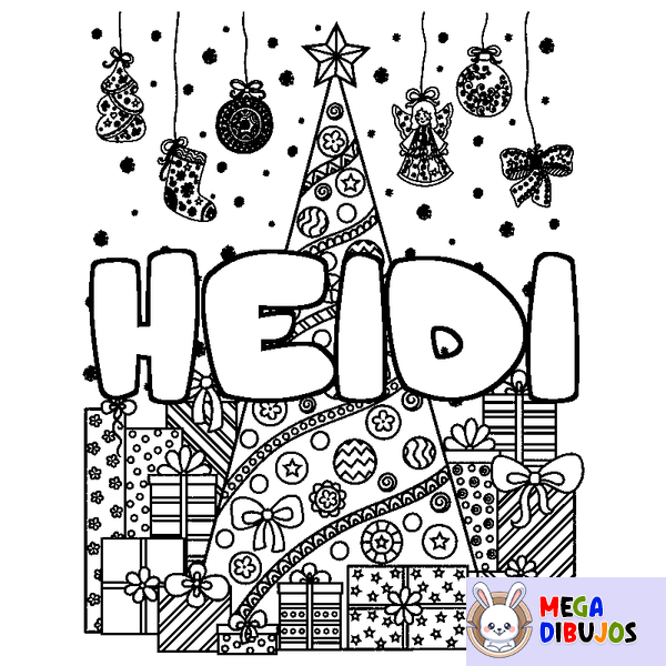 Coloraci&oacute;n del nombre HEIDI - decorado &aacute;rbol de Navidad y regalos