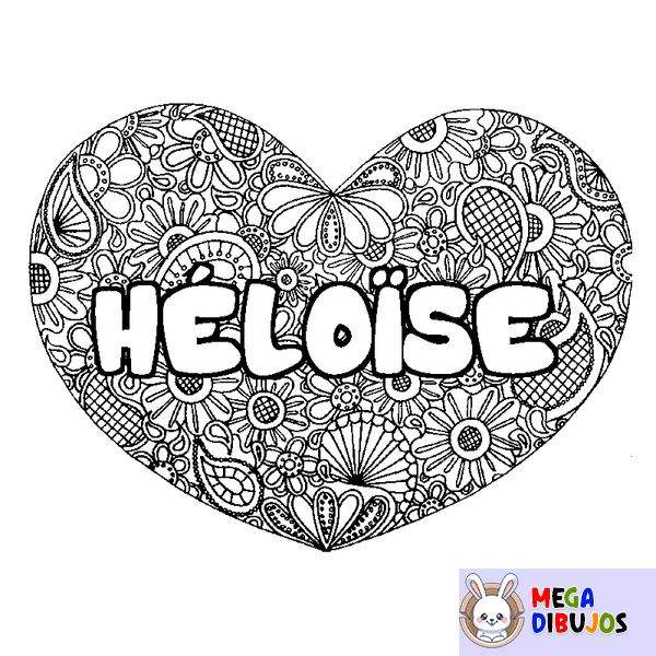 Coloraci&oacute;n del nombre H&Eacute;LO&Iuml;SE - decorado mandala de coraz&oacute;n