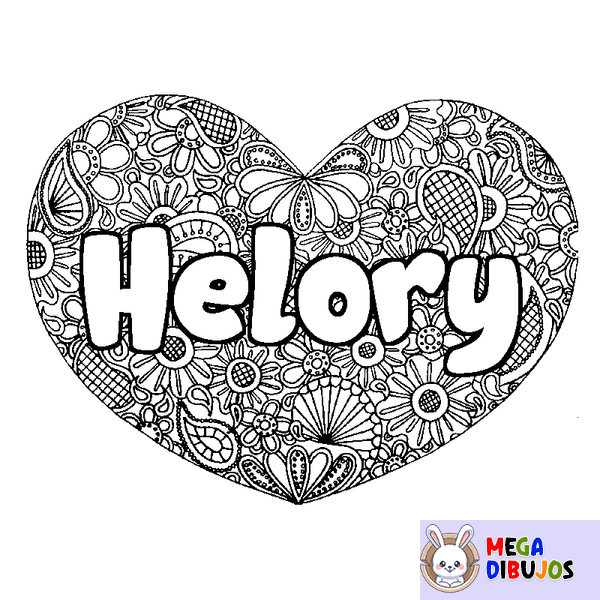Coloraci&oacute;n del nombre Helory - decorado mandala de coraz&oacute;n