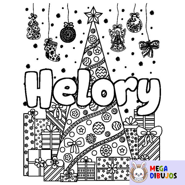 Coloraci&oacute;n del nombre Helory - decorado &aacute;rbol de Navidad y regalos
