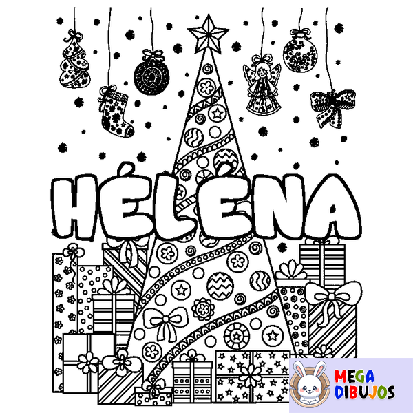 Coloraci&oacute;n del nombre H&Eacute;L&Eacute;NA - decorado &aacute;rbol de Navidad y regalos