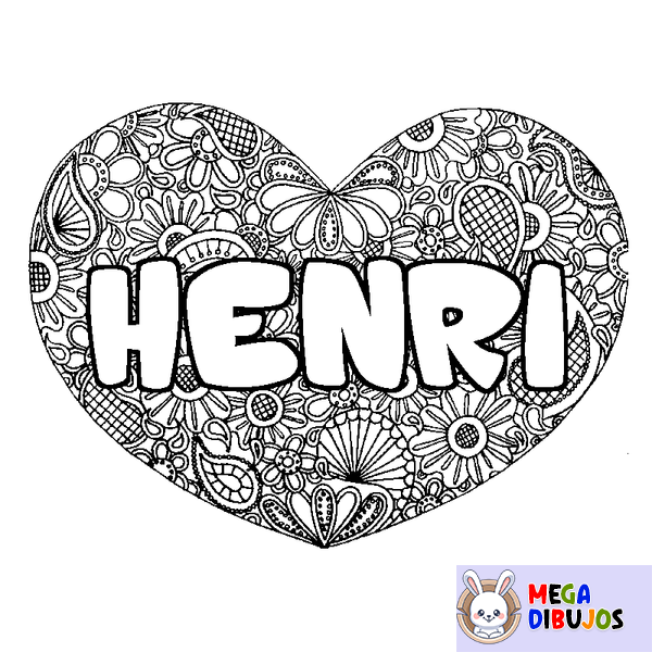 Coloraci&oacute;n del nombre HENRI - decorado mandala de coraz&oacute;n