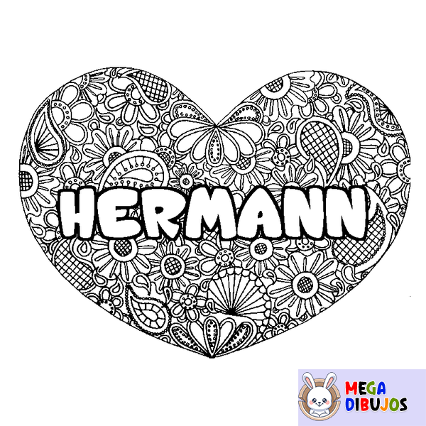 Coloraci&oacute;n del nombre HERMANN - decorado mandala de coraz&oacute;n
